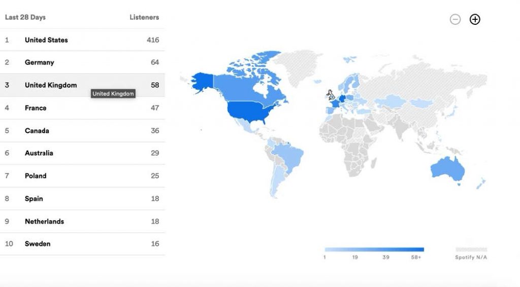 Map of world showing US with 416 listeners
